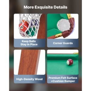 folding pool table, 4.5 ft portable billiards tables, foldable space saving entertainment game set includes ball, cue, rack, chalk, brush, brown with bule cloth, for family use, recreation room
