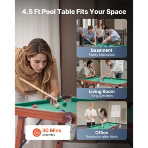 folding pool table, 4.5 ft portable billiards tables, foldable space saving entertainment game set includes ball, cue, rack, chalk, brush, brown with bule cloth, for family use, recreation room