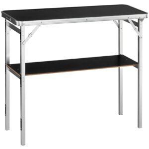 folding portable bar table, tradeshow podium table for indoor, outdoor, party, picnic, exhibition, includes carrying case, storage shelf and black skirt, 38.39" x 15.16" x 34.25"
