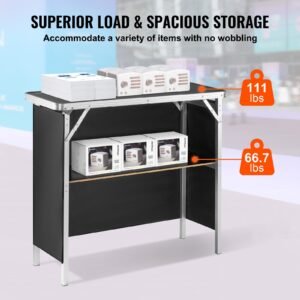 folding portable bar table, tradeshow podium table for indoor, outdoor, party, picnic, exhibition, includes carrying case, storage shelf and black skirt, 38.39" x 15.16" x 34.25"