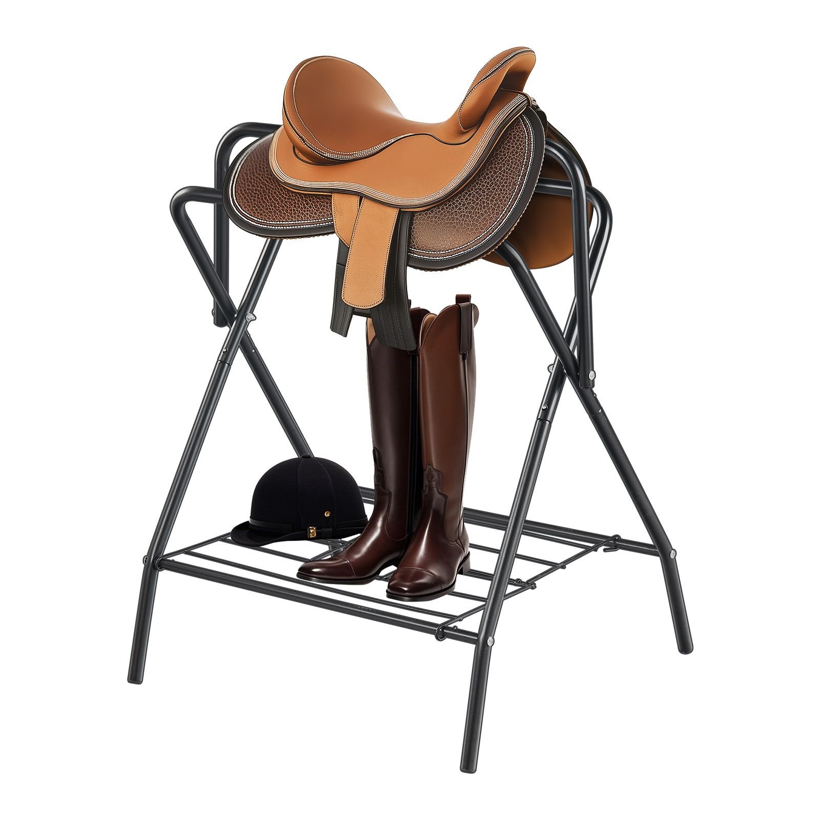 folding saddle rack, 28 x 19 x 37.5 in, 2 packs freestanding horse saddle stand, portable horse blanket holder, heavy duty steel saddle rack for english & western saddles, tack storage, black