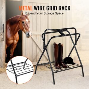 folding saddle rack, 28 x 19 x 37.5 in, freestanding horse saddle stand, portable horse blanket holder, heavy duty steel saddle rack for english & western saddles, tack storage, black