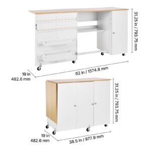folding sewing table, multipurpose sewing machine table with cabinet, charging station, compact design, wheels, wooden pegs, storage trays and shelf, craft station and side desk for home