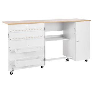 folding sewing table, multipurpose sewing machine table with cabinet, charging station, compact design, wheels, wooden pegs, storage trays and shelf, craft station and side desk for home