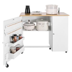 folding sewing table, multipurpose sewing machine table with cabinet, charging station, compact design, wheels, wooden pegs, storage trays and shelf, craft station and side desk for home
