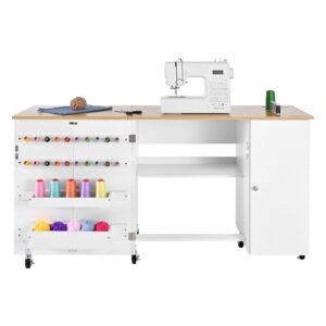 folding sewing table, multipurpose sewing machine table with cabinet, charging station, compact design, wheels, wooden pegs, storage trays and shelf, craft station and side desk for home