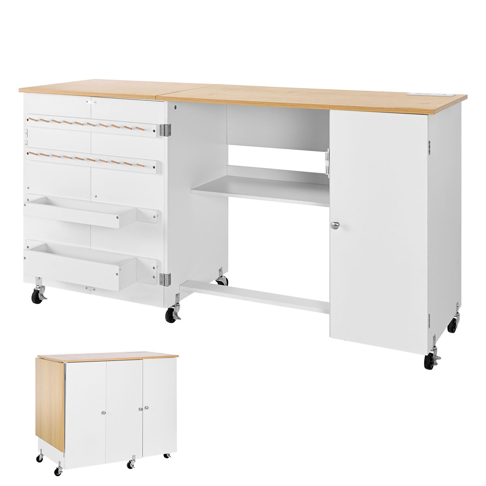 folding sewing table, multipurpose sewing machine table with cabinet, charging station, compact design, wheels, wooden pegs, storage trays and shelf, craft station and side desk for home