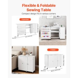 folding sewing table, multipurpose sewing machine table with cabinet, compact design, wheels, wooden pegs, storage trays and shelf, magnetic door, craft station and side desk for home, white