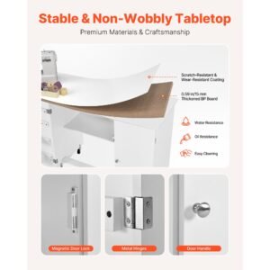 folding sewing table, multipurpose sewing machine table with cabinet, compact design, wheels, wooden pegs, storage trays and shelf, magnetic door, craft station and side desk for home, white