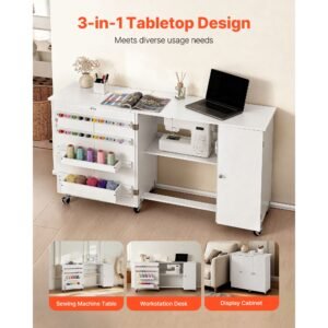 folding sewing table, multipurpose sewing machine table with cabinet, compact design, wheels, wooden pegs, storage trays and shelf, magnetic door, craft station and side desk for home, white