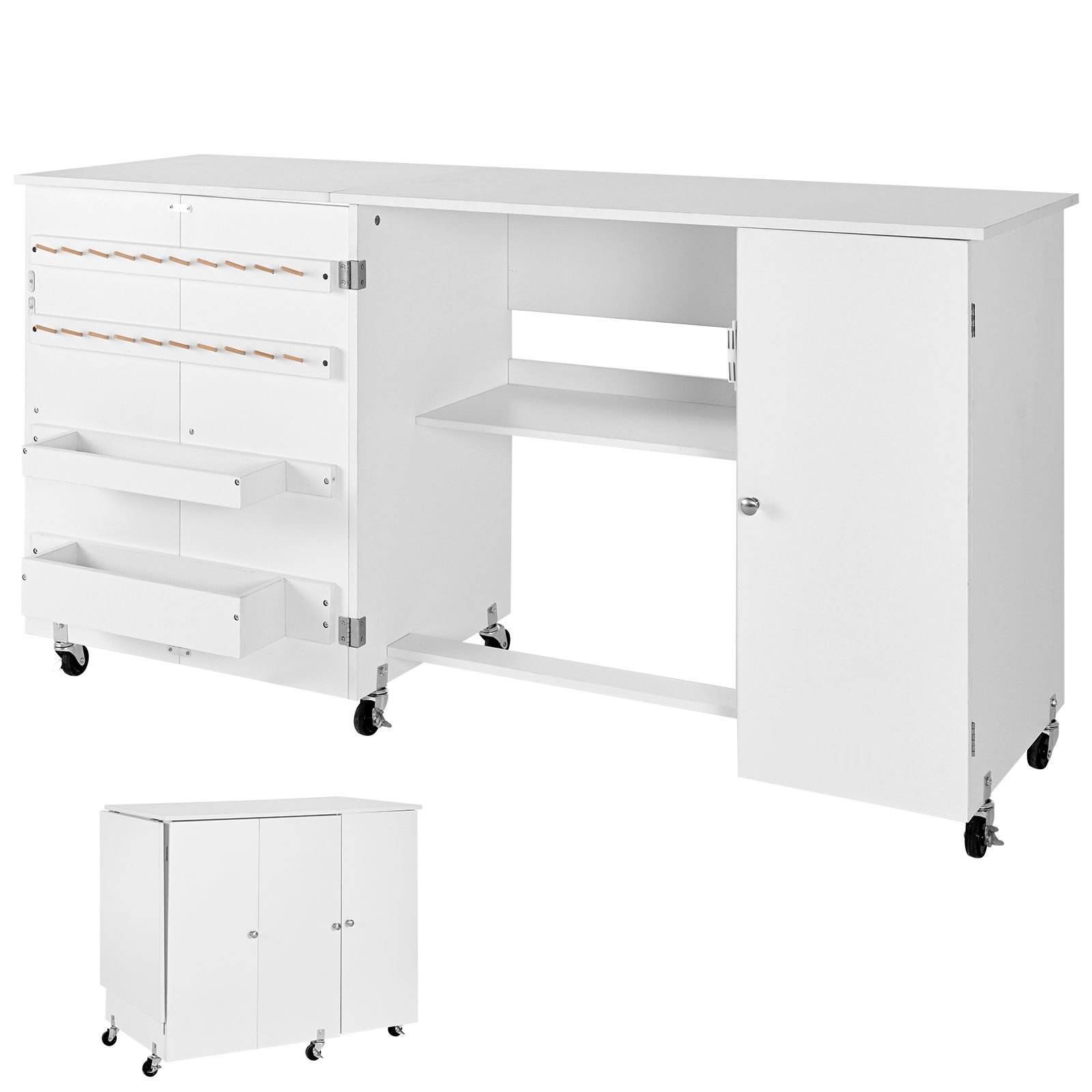 folding sewing table, multipurpose sewing machine table with cabinet, compact design, wheels, wooden pegs, storage trays and shelf, magnetic door, craft station and side desk for home, white
