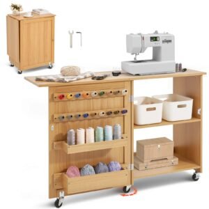 Folding Sewing Table, Multipurpose Sewing Machine Table with Compact Design, Wheels, Shelves, Storage Trays, Wooden Pegs, and Magnetic Doors, Sewing Desk Cabinet for Sewing Machine, Wood Color