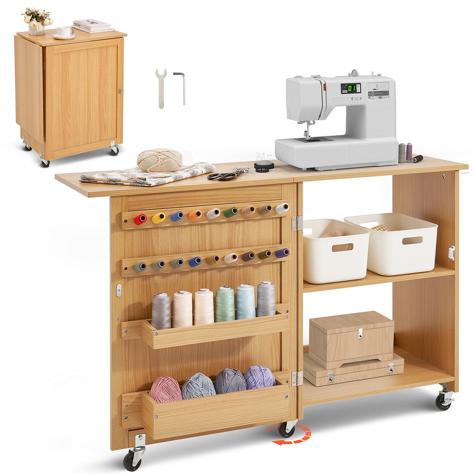 folding sewing table, multipurpose sewing machine table with compact design, wheels, shelves, storage trays, wooden pegs, and magnetic doors, sewing desk cabinet for sewing machine, wood color