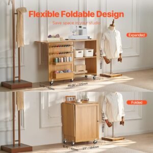 folding sewing table, multipurpose sewing machine table with compact design, wheels, shelves, storage trays, wooden pegs, and magnetic doors, sewing desk cabinet for sewing machine, wood color