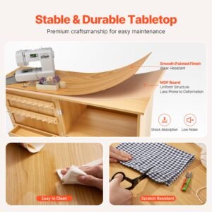 folding sewing table, multipurpose sewing machine table with compact design, wheels, shelves, storage trays, wooden pegs, and magnetic doors, sewing desk cabinet for sewing machine, wood color
