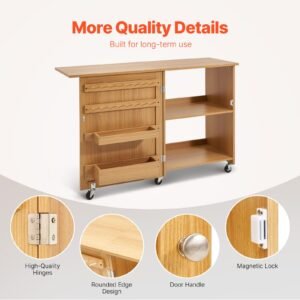 folding sewing table, multipurpose sewing machine table with compact design, wheels, shelves, storage trays, wooden pegs, and magnetic doors, sewing desk cabinet for sewing machine, wood color