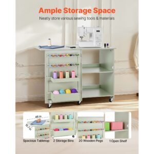 folding sewing table, multipurpose sewing machine table with compact design, wheels, wooden pegs, storage trays and shelf, magnetic door lock, craft station and side desk for home, light green