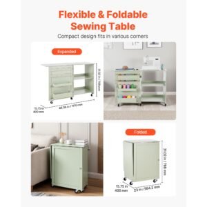 folding sewing table, multipurpose sewing machine table with compact design, wheels, wooden pegs, storage trays and shelf, magnetic door lock, craft station and side desk for home, light green