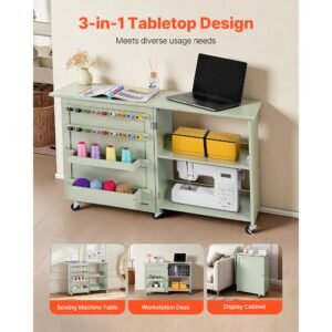 folding sewing table, multipurpose sewing machine table with compact design, wheels, wooden pegs, storage trays and shelf, magnetic door lock, craft station and side desk for home, light green