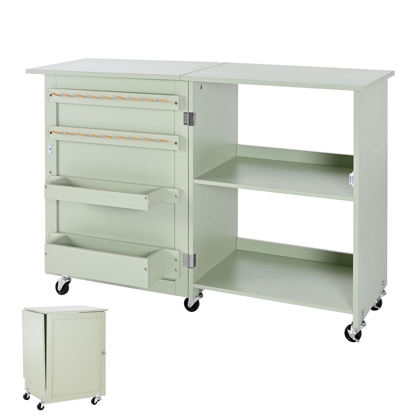 folding sewing table, multipurpose sewing machine table with compact design, wheels, wooden pegs, storage trays and shelf, magnetic door lock, craft station and side desk for home, light green