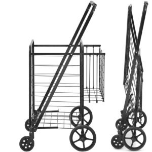 Folding Shopping Cart, Jumbo Grocery Cart with Double Baskets, 360° Swivel Wheels, Heavy Duty Utility Cart, 110 LBS Large Capacity Utility Cart for Laundry, Shopping, Grocery, Luggage
