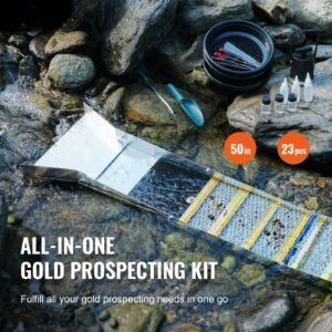 folding sluice box gold panning kit, 50 inch 23pc gold prospecting equipment kit with gold pan, classifier screen, separating magnet, backpack and more