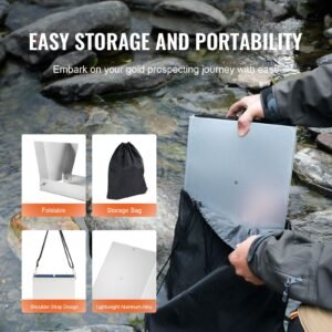 folding sluice box gold panning kit, 50 inch 23pc gold prospecting equipment kit with gold pan, classifier screen, separating magnet, backpack and more