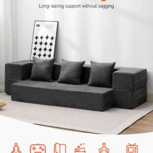 folding sofa bed, 3 in 1 foldable couch bed with 3 pillows and washable cover, 25d high density memory foam convertible sleeper chair bed, futon couch for living room, bedroom, dark grey(twin)