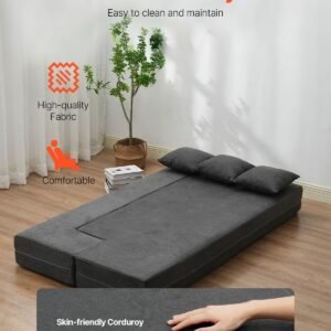 folding sofa bed, 3 in 1 foldable couch bed with 3 pillows and washable cover, 25d high density memory foam convertible sleeper chair bed, futon couch for living room, bedroom, dark grey(twin)
