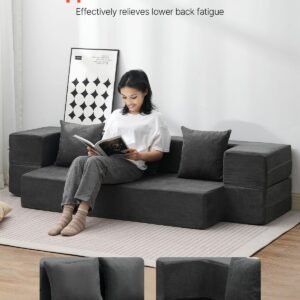 folding sofa bed, 3 in 1 foldable couch bed with 3 pillows and washable cover, 25d high density memory foam convertible sleeper chair bed, futon couch for living room, bedroom, dark grey(twin)