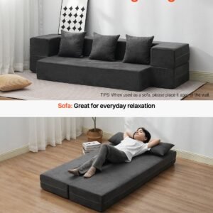 folding sofa bed, 3 in 1 foldable couch bed with 3 pillows and washable cover, 25d high density memory foam convertible sleeper chair bed, futon couch for living room, bedroom, dark grey(twin)