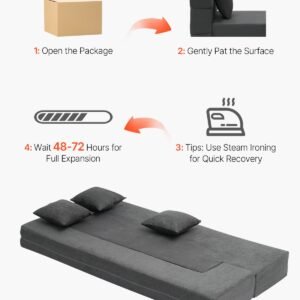 folding sofa bed, 3 in 1 foldable couch bed with 3 pillows and washable cover, 25d high density memory foam convertible sleeper chair bed, futon couch for living room, bedroom, dark grey(twin)