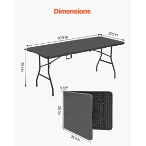 folding table, 6 ft heavy duty portable fold in half utility table, indoor outdoor plastic rectangle table with built in handle, for party, dining, wedding, events, picnic, camping, black