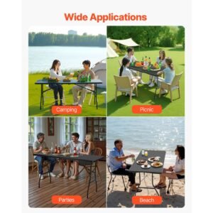 folding table, 6 ft heavy duty portable fold in half utility table, indoor outdoor plastic rectangle table with built in handle, for party, dining, wedding, events, picnic, camping, black