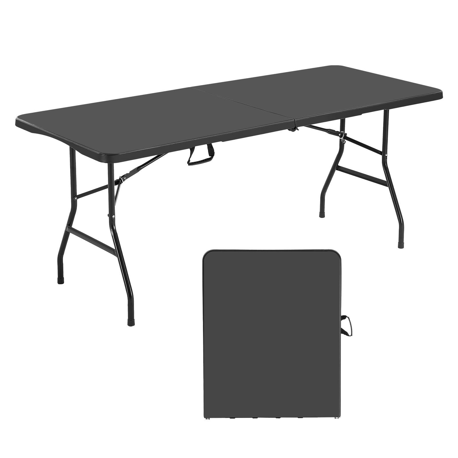 folding table, 6 ft heavy duty portable fold in half utility table, indoor outdoor plastic rectangle table with built in handle, for party, dining, wedding, events, picnic, camping, black