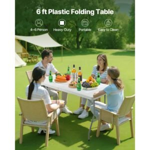 folding table, 6 ft heavy duty portable fold in half utility table, indoor outdoor plastic rectangle table with built in handle, for party, dining, wedding, events, picnic, camping, white
