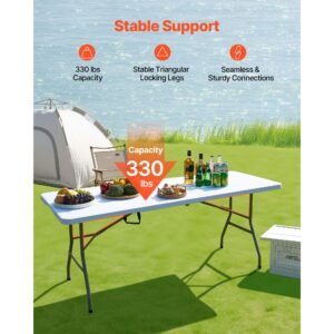 folding table, 6 ft heavy duty portable fold in half utility table, indoor outdoor plastic rectangle table with built in handle, for party, dining, wedding, events, picnic, camping, white