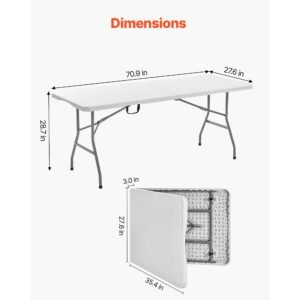 folding table, 6 ft heavy duty portable fold in half utility table, indoor outdoor plastic rectangle table with built in handle, for party, dining, wedding, events, picnic, camping, white