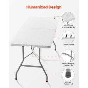 folding table, 6 ft heavy duty portable fold in half utility table, indoor outdoor plastic rectangle table with built in handle, for party, dining, wedding, events, picnic, camping, white
