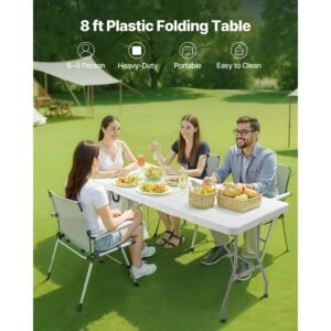 folding table, 8 ft heavy duty portable fold in half utility table, indoor outdoor plastic rectangle table with built in handle, for party, dining, wedding, events, picnic, camping, white