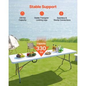 folding table, 8 ft heavy duty portable fold in half utility table, indoor outdoor plastic rectangle table with built in handle, for party, dining, wedding, events, picnic, camping, white