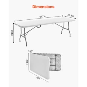 folding table, 8 ft heavy duty portable fold in half utility table, indoor outdoor plastic rectangle table with built in handle, for party, dining, wedding, events, picnic, camping, white