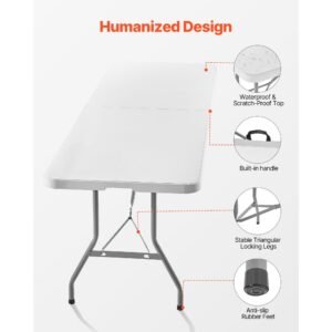 folding table, 8 ft heavy duty portable fold in half utility table, indoor outdoor plastic rectangle table with built in handle, for party, dining, wedding, events, picnic, camping, white