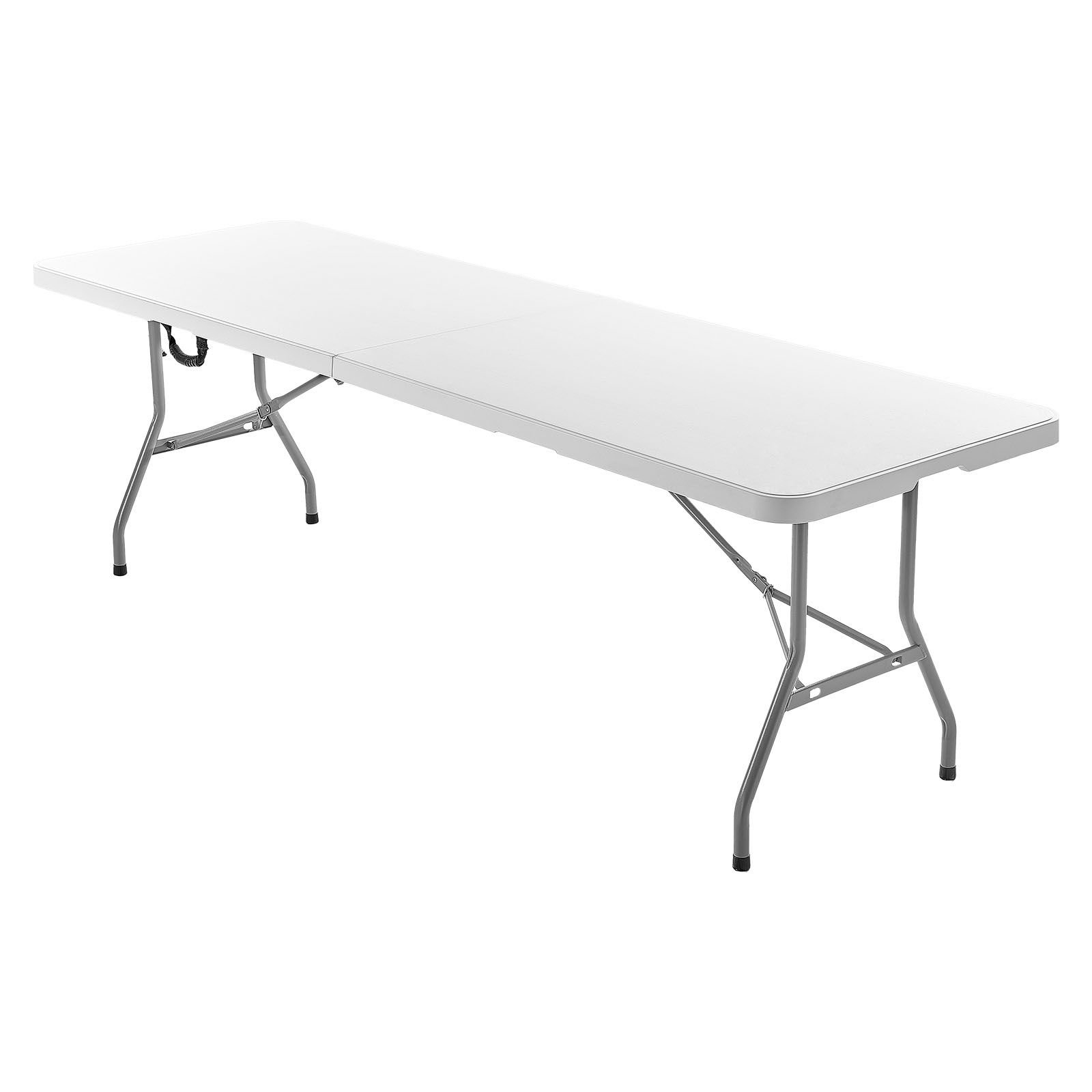 folding table, 8 ft heavy duty portable fold in half utility table, indoor outdoor plastic rectangle table with built in handle, for party, dining, wedding, events, picnic, camping, white