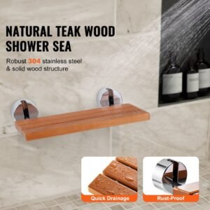 folding teak shower seat, 20.1" x 13.2" unfolded, wall mounted fold up shower bench with 440 lbs load capacity, space saving home care fold down shower chair, for seniors pregnant women children