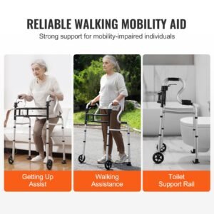 folding walker on wheels, 3 in 1 stand assist folding walkers with adjustable height and width, lightweight aluminum | front wheeled mobility aid for elderly handicapped disabled, up to 350lbs