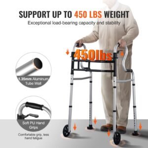 folding walker on wheels, 3 in 1 stand assist folding walkers with adjustable height and width, lightweight aluminum | front wheeled mobility aid for elderly handicapped disabled, up to 350lbs