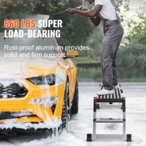 folding work platform, 660 lbs load capacity, aluminum drywall stool ladder, heavy duty work bench w/ non slip feet, ideal for washing vehicles, cleaning, painting, decorating