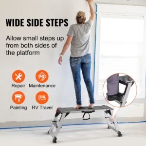 folding work platform, 660 lbs load capacity, aluminum drywall stool ladder, heavy duty work bench w/ non slip feet, ideal for washing vehicles, cleaning, painting, decorating