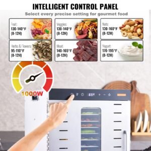 food dehydrator machine, 10 stainless steel trays, 1000w electric food dryer with digital adjustable timer & temperature for jerky, herb, meat, beef, fruit, dog treats and vegetables